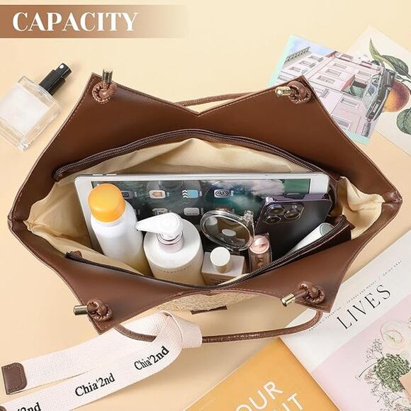 New Trifabricy Straw Summer Cruise Beach Faux Leather Trim Zippered Tote Bag - Picture 6 of 6